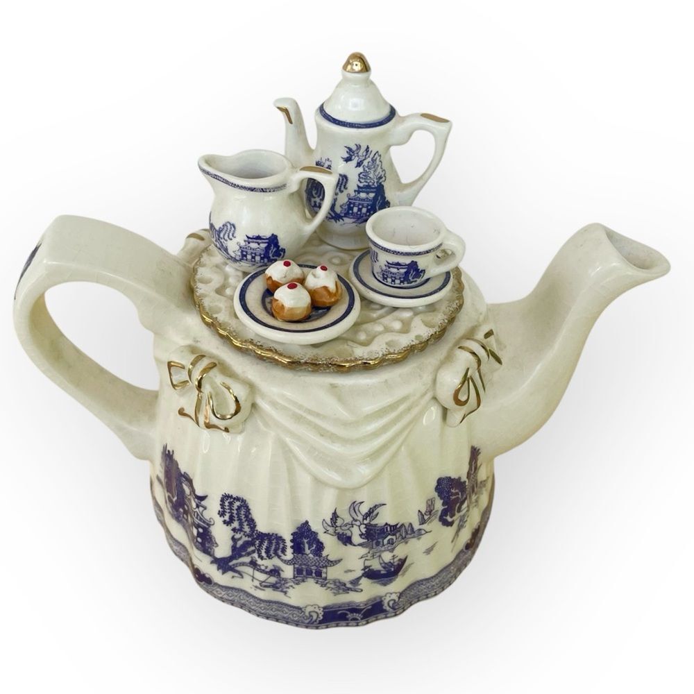 Vintage Paul Cardew Ceramic Two Cup Blue Willow Tea Table Sets Novelty Tea Party